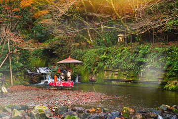 Tanuki Statue near the Small waterfall around Kifune Shrine area of Kyoto prefecture in Japan.