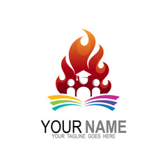 Fire and book with education logo template, Spirit book logo designs
