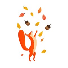 Funny happy character squirrel with leaves and acorn isolated on white background stock vector illustration. Bright and colourful autumn, fall clipart, composition