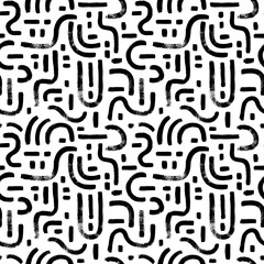 Geometric vector seamless pattern, labyrinth and mosaic motives. Memphis style geometric ornament. Grunge circular brush strokes, dashes. Hand drawn ink illustration. Hipster black paint background.