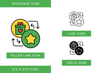 Exchange icons set vector illustration with solid icon line style. Loyalty member reward symbol. Editable stroke icon on isolated background for web design, user interface, and mobile app