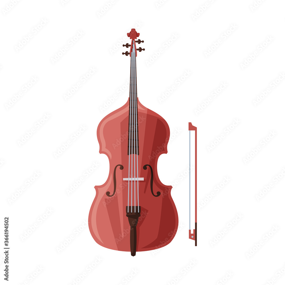 Sticker Cello and Bow Classical String Musical Instrument Flat Style Vector Illustration on White Background