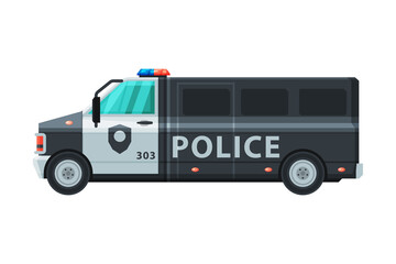 Police Van Vehicle, Emergency Patrol Transport Flat Vector Illustration
