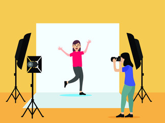 Photography studio with lights, Photographer flat design