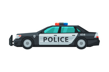 Police Sedan Car, Emergency Patrol Vehicle, Side View Flat Vector Illustration