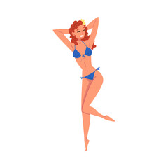 Smiling Beautiful Woman in Bikini Dancing at Swimming Pool Party Cartoon Style Vector Illustration on White Background