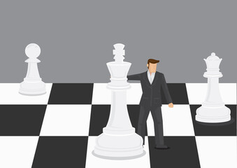 Businessman in Giant Chess Set Vector Illustration