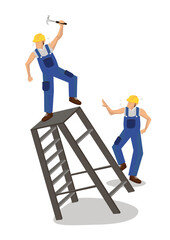 Worker falling from ladder. Workplace accident or construction safety concept.