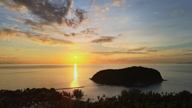 Aerial drone sunset view small Koh Ma island, Ko Phangan Thailand