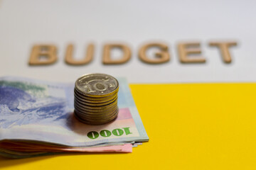 Taiwan dollar banknotes and coins with the word saying budget written in wooden alphabet letters in the background. Selective focus on the coins pillar. Financial planning concept.