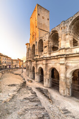Wide angle view of the Roman arena in the french city of Arles at sunset