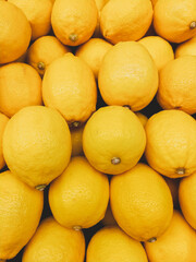 Organic Lemons In Supermarket. Yellow Citrus Fruit Lemon background.