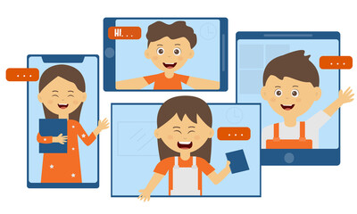 Online concept ,Children using tablet and mobile phone for video call with friend talking about studying. Children happy smile using internet technology. Stay at home. Vector cartoon kid illustration 