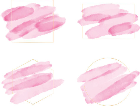 pink watercolor brush stroke with golden frame for logo or banner collection