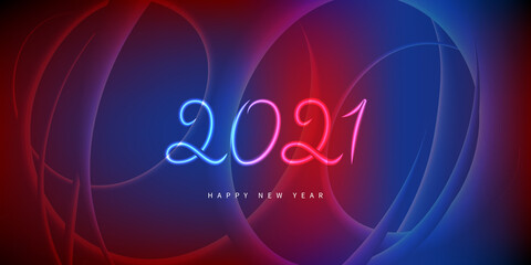 2021. Happy new year on red blue gradient background with lines helix bright. Vector illustration.