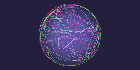 Abstract sphere from colourful curved lines in dark. Modern vector graphic design.
