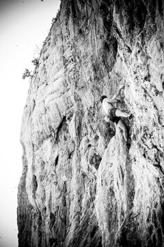 free climber in azione su una parete rocciosa a picco sul mare