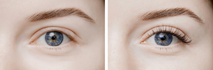 Before and after eyelash extension procedure. Beautiful and expressive eyes of young woman with...