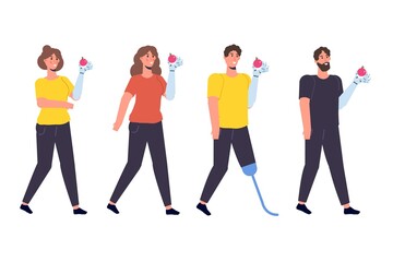 Obraz premium Disabled people with disabilities and prosthesis. Character witth a Bionic arm. Vector illustration