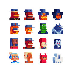 Pixel art different characters set, abstract avatar profile faces, Halloween party, man and woman colorful vector minimalistic style illustration.  Design for sticker, web, logo. 