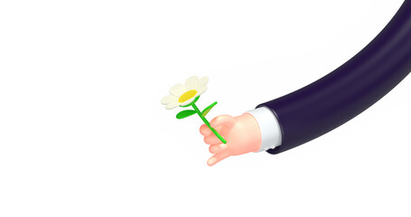 3d render cartoon business hand, chamomile flower