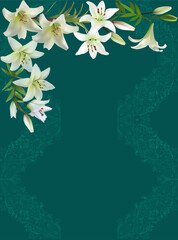 white lily flowers in cyan curled decoration