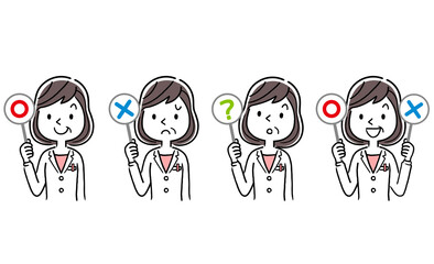 Vector material: middle-aged female doctor answering questions, set