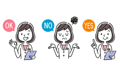 Vector material: middle-aged female doctor answering questions, set