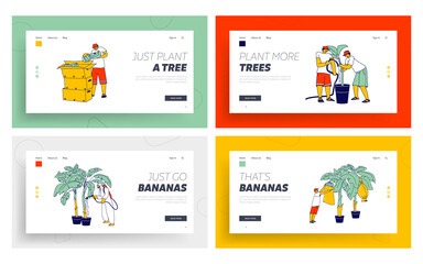 Labour Working on Banana Plantation Landing Page Template Set. Characters Collect Harvest, Sorting and Packing Crop