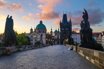 Prague, Charles Bridge  in the morning