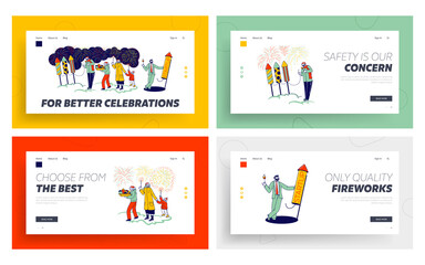 Fototapeta na wymiar Characters Enjoying Fireworks Show Landing Page Template Set. Parents and Kids, Business Man Launch Start Up Project