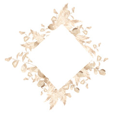Watercolor geometric frame in cappuccino color pampas grass and eucalyptus. Perfect for wedding print design, textile, web design, photo albums, scrapbooking and many other creative ideas.