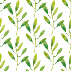 Green floral pattern on white background. Watercolor print. Seamless texture. Elegant template for fashion prints. Hand-drawn illustration