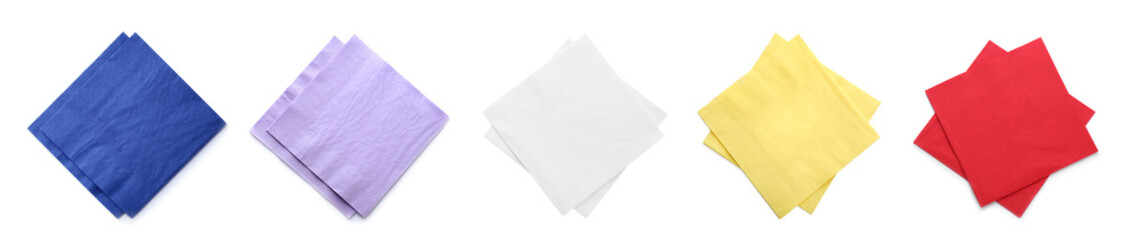 Set with colorful paper napkins on white background, top view. Banner design