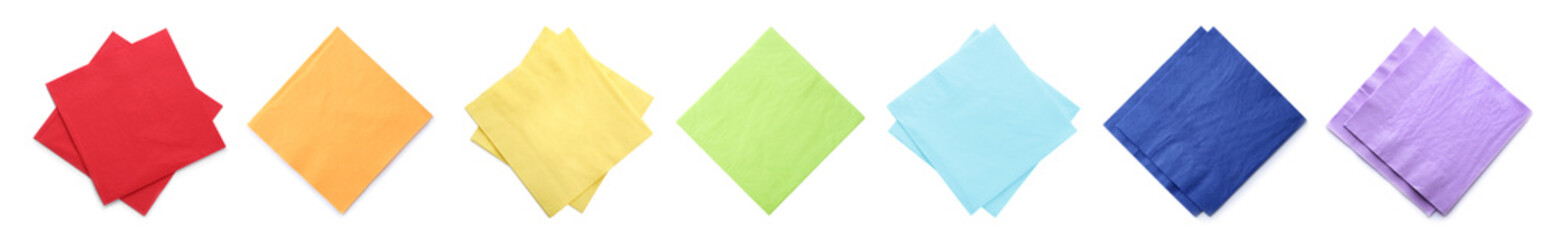 Set with colorful paper napkins on white background, top view. Banner design