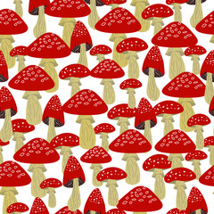 Pattern with red amanita mushrooms. Vector illustration on a white background. Seamless pattern for packaging, textiles, decor.