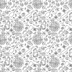 Pizza seamless pattern. Doodle food objects isolated on white background. Vector illustration.