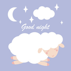 Good night. Cute sheep, stars and Moon. Vector illustration for poster, postcard and more
