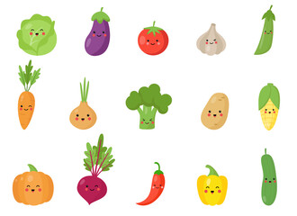 Set of cute and happy kawaii vegetables.