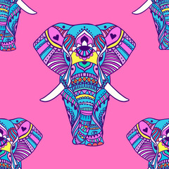 Boho elephant pattern. Vector illustration. Floral design, hand drawn map with Elephant ornamental.