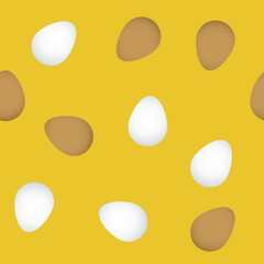 Happy easter colorful eggs seamless pattern, vector pattern, white and brown eggs are scattered on yellow hay