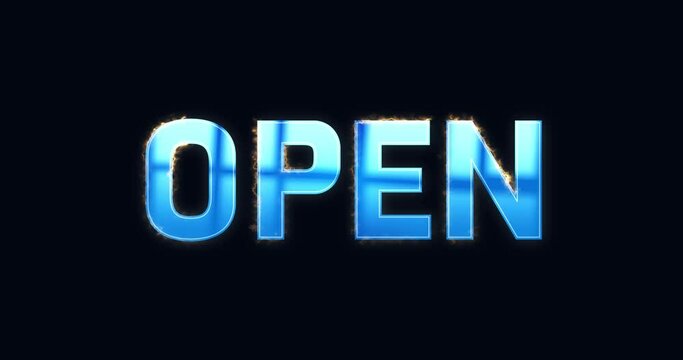 Open. Electric lightning text. Burning Logo reveal animation on black background. High quality 4k footage