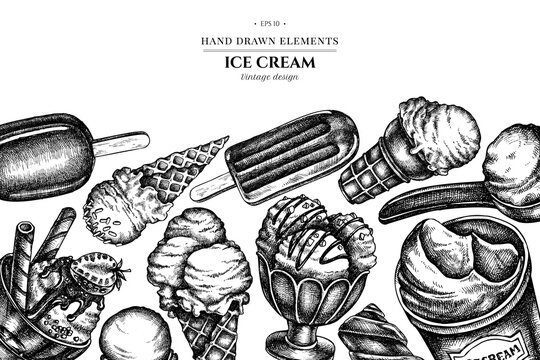 Design with black and white ice cream bowls, ice cream bucket, popsicle ice cream, ice cream cones