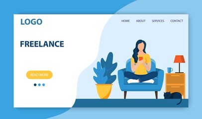 Freelance work landing page template. Concept design for poster, banner, flyer, web page. Woman using phone sitting on the chair with crossed legs. Vector illustration in flat style