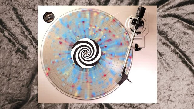 12 inch clear splatter vinyl record on a DJ turntable with silver velvet background. Circular long player shot from above. Party, disco, punk, grunge, pop in 60s, 70s, 80s, 90s 4K
