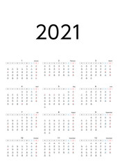 2021年六曜入り月曜始まりカレンダー