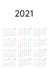 2021年日曜始まりカレンダー