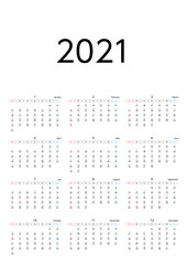 2021年六曜入り日曜始まりカレンダー