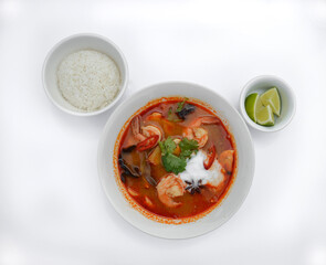 Tom yum with shrimp and rice noodles and rice