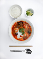 Tom yum with shrimp and rice noodles and rice